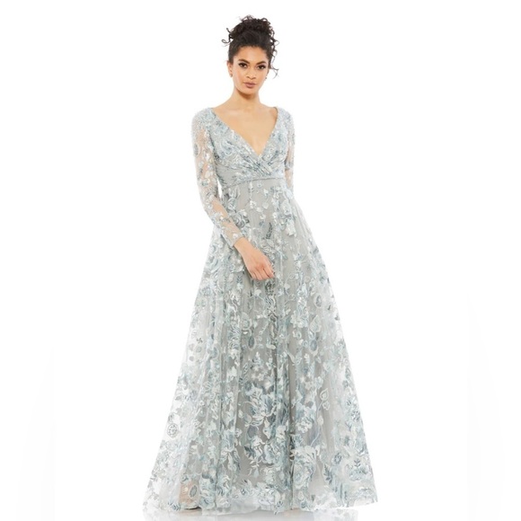 Mac Duggal 67869 NWT EMBELLISHED V NECK ILLUSION LONG SLEEVE A LINE GOWN